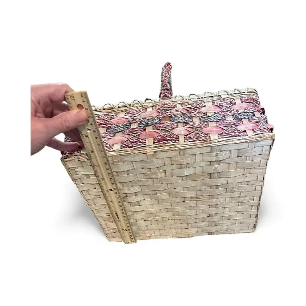 Woven Picnic Basket With Handle - Pink & Beige - 12